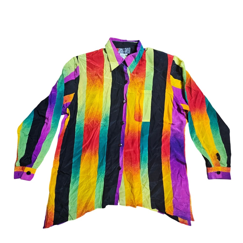 Vintage Diane Gilman Silk Art To Wear Blouse Striped Button Up Shirt S Retro
